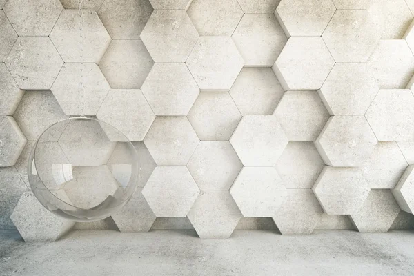 Closeup of honeycomb patterned wall in room with hanging chair. 3D Rendering — Stock Photo, Image