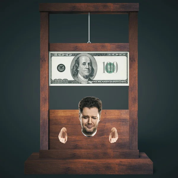 Debt concept with man about to get his head chopped off on a dark wooden guillotine, isolated on black background. 3D Rendering — Stock Photo, Image
