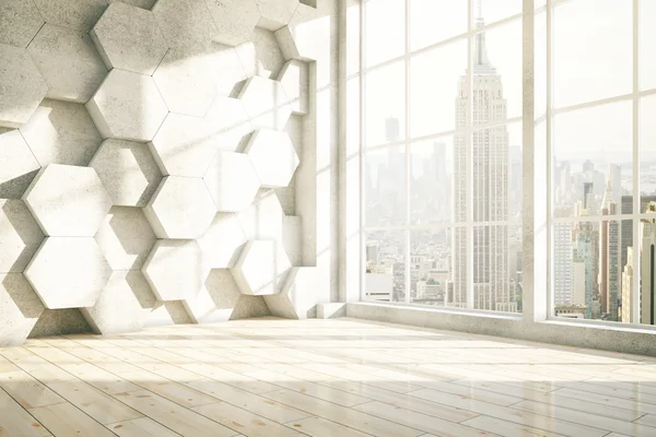 Honingraat interieur met uitzicht op de stad van New York. 3D-rendering — Stockfoto