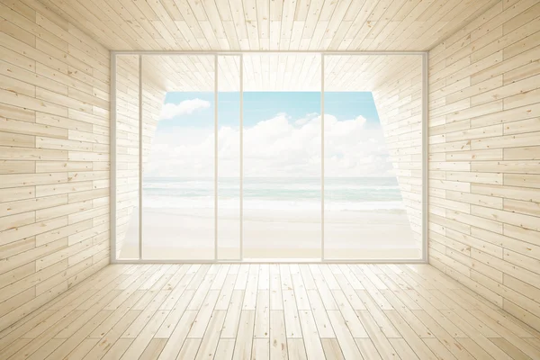 Clean wooden interior with seaside view. 3D Rendering — Stock Photo, Image