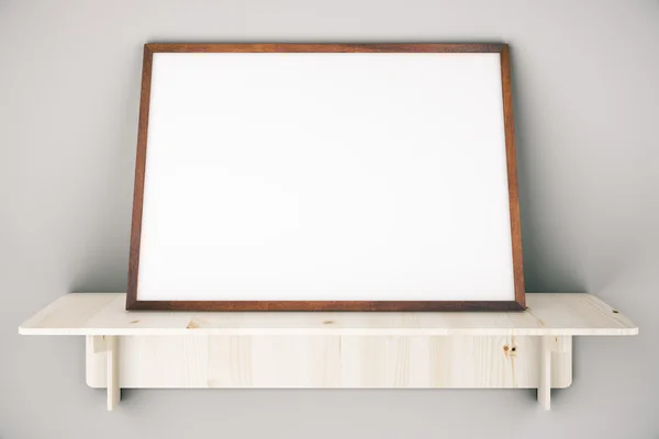 Wooden shelve with blank picture frame on grey wall. Mock up, 3D Rendering — Stock Photo, Image