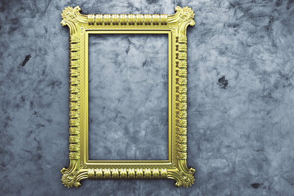 Golden picture frame on concrete background. Mock up, 3D Rendering