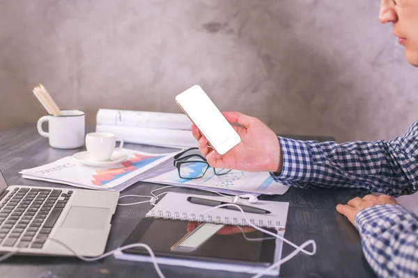 Male with white phone side — Stock Photo, Image