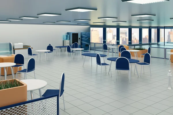 Interiér jídelny s dlažbu, čtvercová světla na stropě a město Prohlédni. 3D vykreslování — Stock fotografie