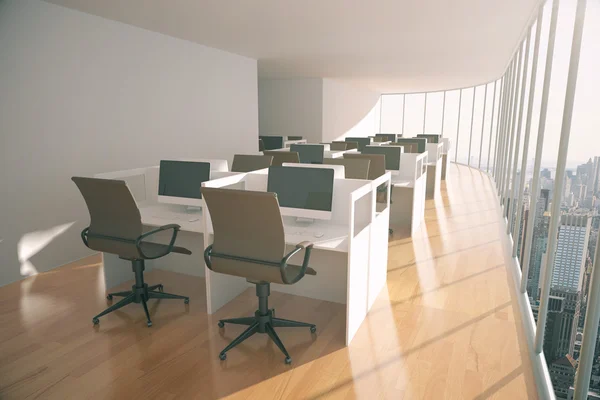 Ahşap zemin, beton duvarlar ve ahşap zemin ile coworking alanı. 3D render — Stok fotoğraf