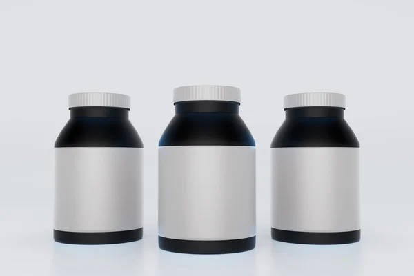 Svarta flaskor med tomma etiketter på ljus bakgrund. Prototyper, 3d-Rendering — Stockfoto