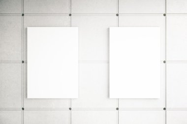 Desenli beton duvar iki boş afişlerde. Alay etmek yukarıya, 3d render