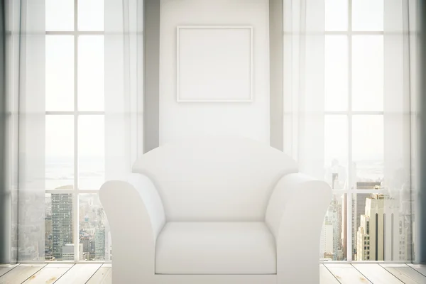 White armchair in room with blank picture frame on wall, two windows with curtains and city view. Mock up, 3D Rendering — Stock Photo, Image