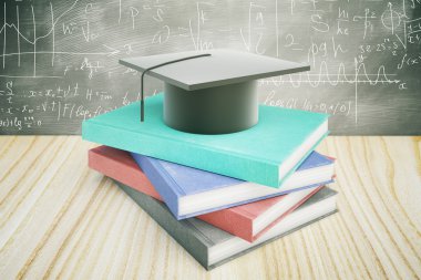 Kitap ve ahşap masaüstü arka planda matematical formüllerle mezuniyet kap. Eğitim kavramı. 3D render