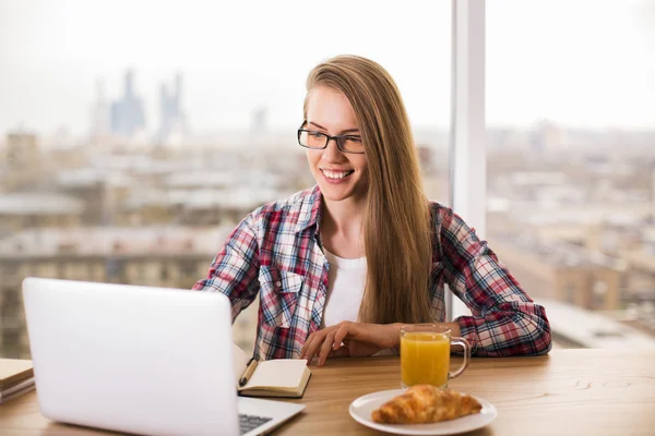 Mujer sonriente mirando el portátil — Foto de Stock