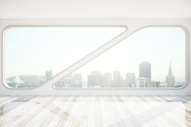 İç tasarım ahşap zemin, beton tavan ve şehir manzaralı ve güneş ışığı ile yaratıcı pencere. 3D render