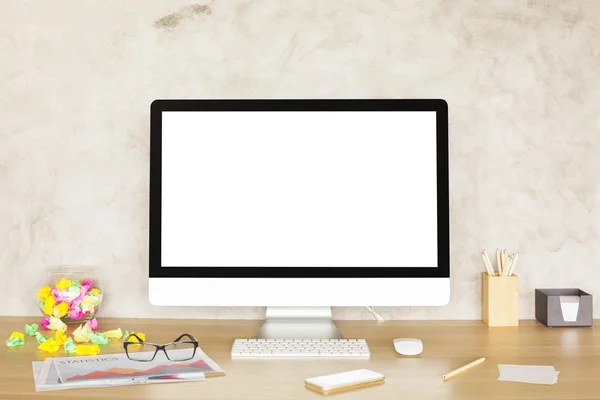 Desktop with white computer monitor — Stock Photo, Image