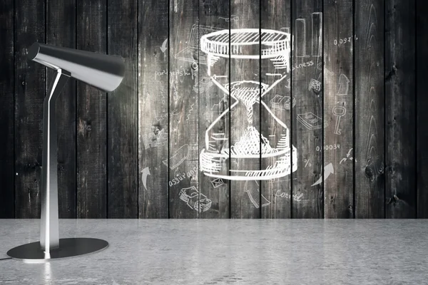 Lampa lysande skiss timglas på trävägg. 3D-rendering — Stockfoto