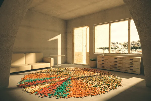 Habitación interior con suelo, sofás, mesas y ventanas con vistas a la ciudad. Renderizado 3D —  Fotos de Stock