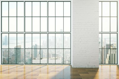 Çerçeveli pencereler, ahşap zemin ve boş tuğla duvar ile boş iç tasarım. Mock up, 3d Rendering