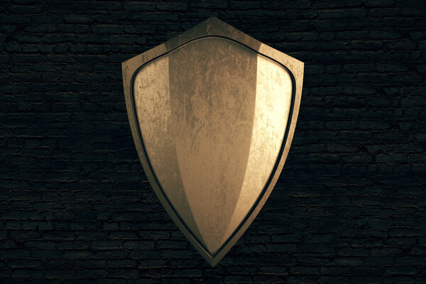 Golden shield on black brick wall background. Mock up, 3D Rendering