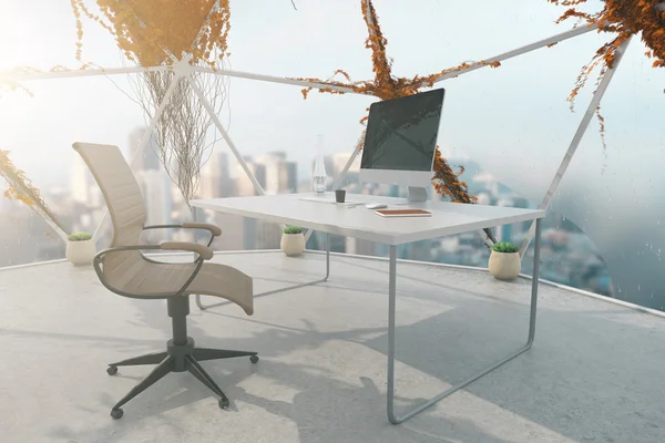 Creative office interior with plants growning on panoramic windows, concrete floor and workplace with computer monitor and stationery items. 3D Rendering
