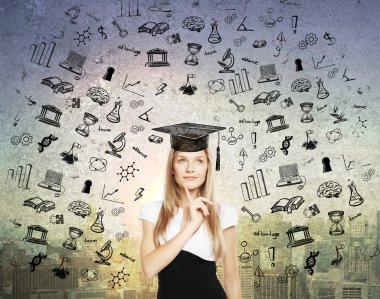 Graduation concept with thoughtful businesswoman clipart