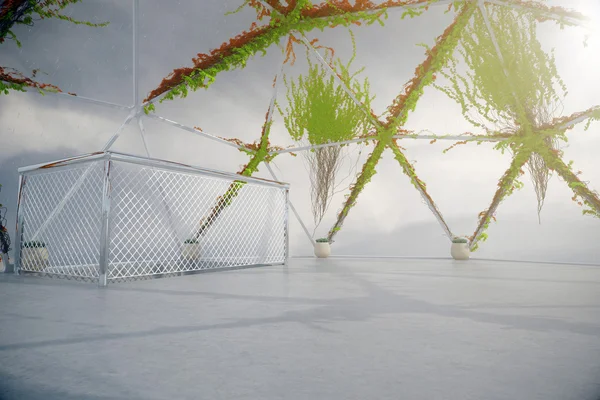 Interior del ático vacío con plantas que crecen en ventanas y techos panorámicos, suelo de hormigón y barandilla de escalera. Renderizado 3D — Foto de Stock