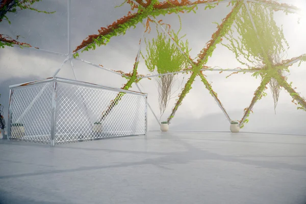 Interior de cobertura vazio com plantas crescendo em janela panorâmica e teto, piso de concreto e corrimão escada. Renderização 3D — Fotografia de Stock