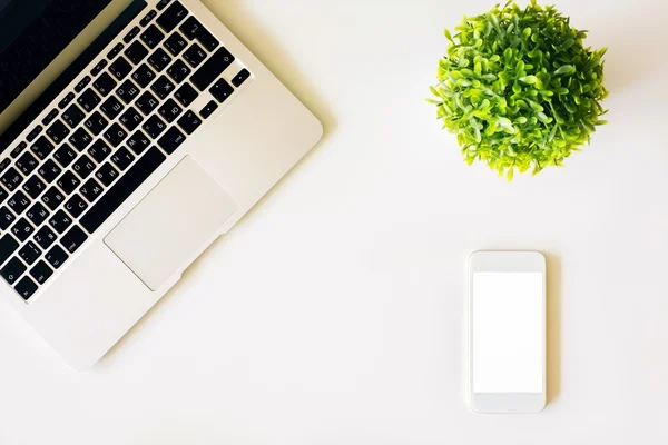 Tastatur, weißes Telefon und Pflanze — Stockfoto