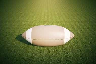 Yeşil çimenler üzerinde rugby topu. Yakın çekim, 3d Rendering