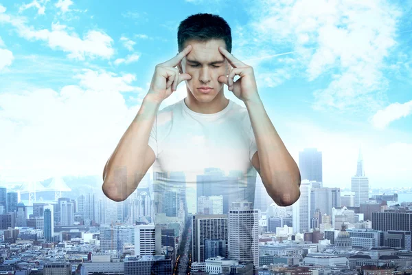 Young Businessman thinking. Double exposure — Stock Photo, Image