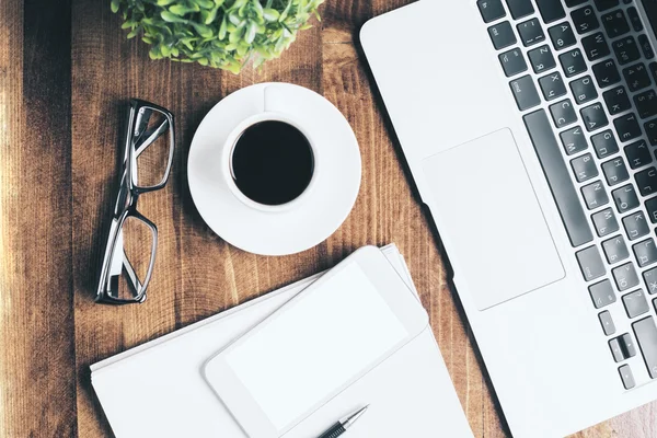 Wooden office desk topview — 스톡 사진