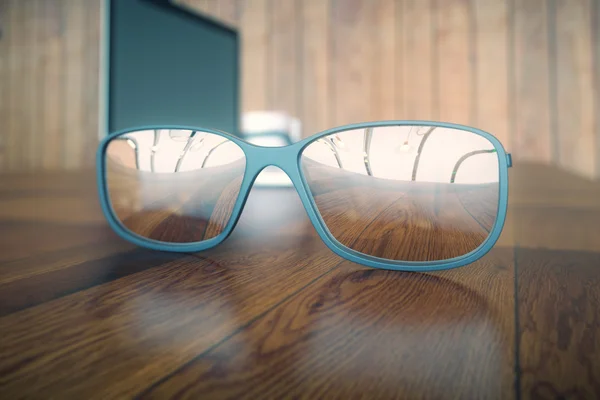 Primer plano de gafas de sol en la mesa del café de madera. Renderizado 3D — Foto de Stock