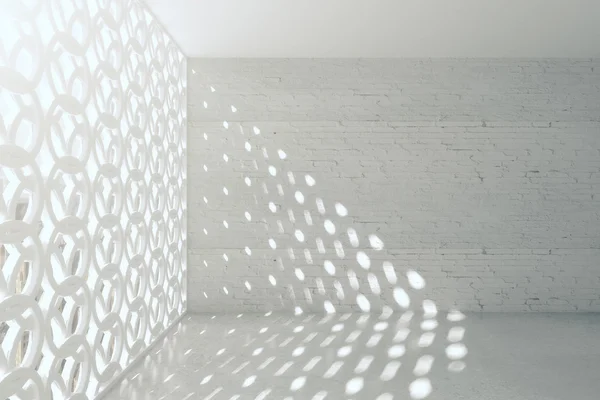 Kreativa tomt rum interiör med runda tegel cirklar på betongvägg och glänsande mörka trägolv. Prototyper, 3d-Rendering — Stockfoto