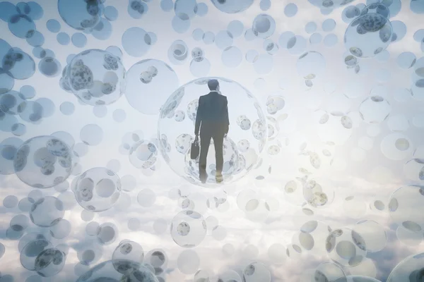 Концепция исследования, человек внутри пузырьков — стоковое фото