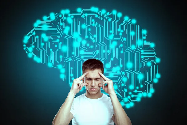 Businessman thinking with circuit board in form of human brain over head — Stock Photo, Image