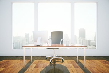 Ofis iç çalışma alanı, ahşap zemin, beton duvar ve şehir manzaralı ve gün ışığı ile pencere ile önden görünümü. 3D render