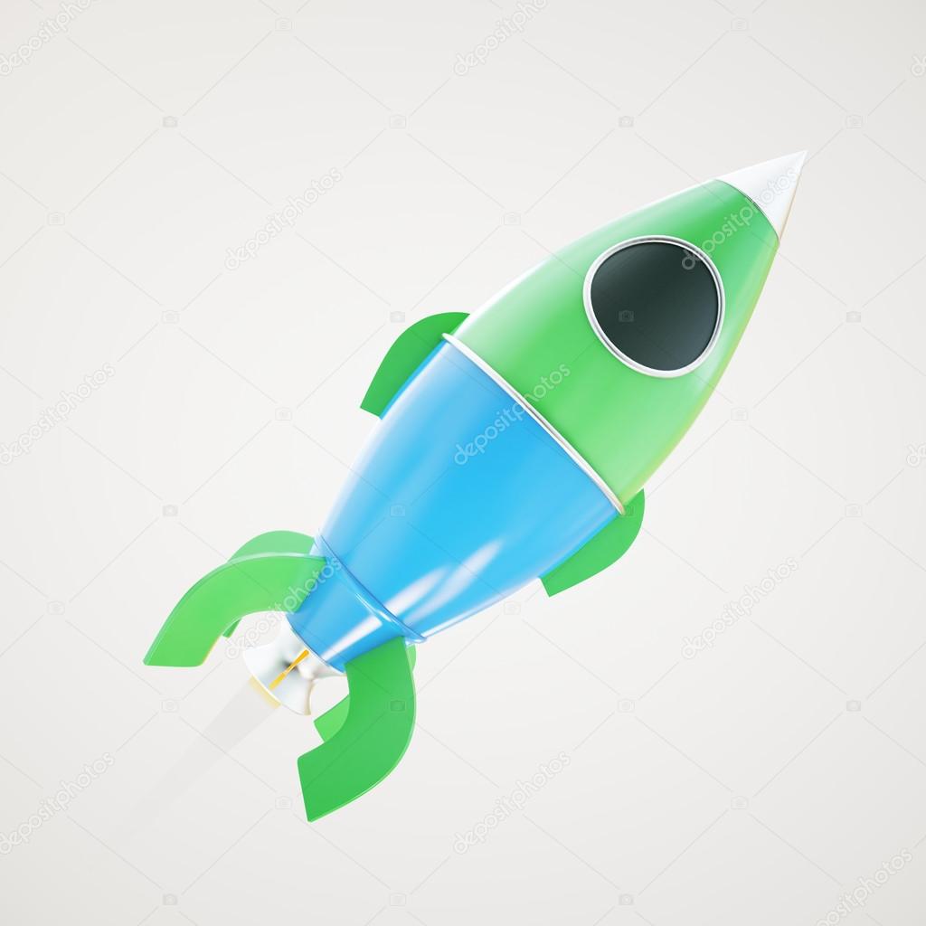 Abstract green and blue space ship miniature on light background. Startup concept. 3D Rendering
