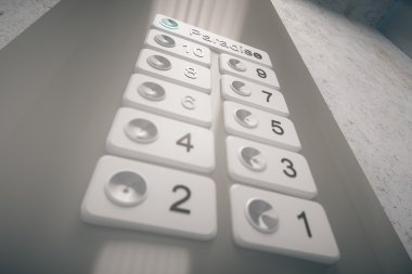 Cennete Asansör düğmesine basıldığında. Portre, 3d render