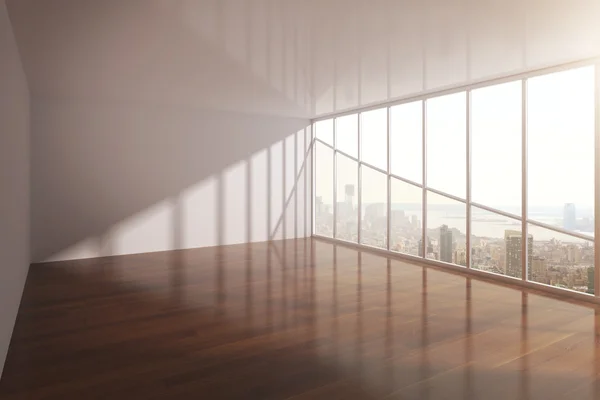 Geräumiges Interieur mit Geländer und Fenstern mit Blick auf die Stadt. 3D-Darstellung — Stockfoto
