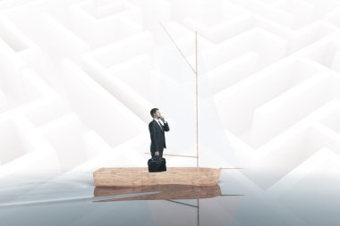 Düşünceli işadamı çantayı yelkenli gemi ile. Arka plan labirent. Araştırma kavramı. 3D render