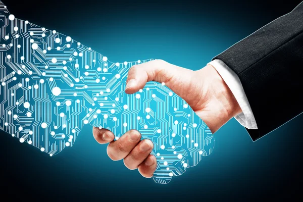 Digital handshake on blue background — Stock Photo, Image