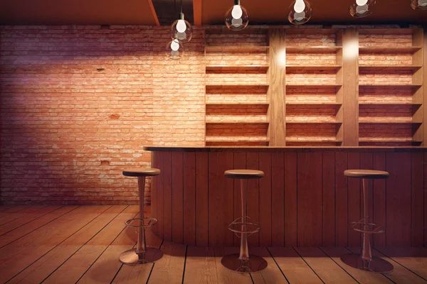 Bar intérieur avec comptoir en bois, tabourets et étagères sur fond de mur de briques. Rendu 3D — Photo