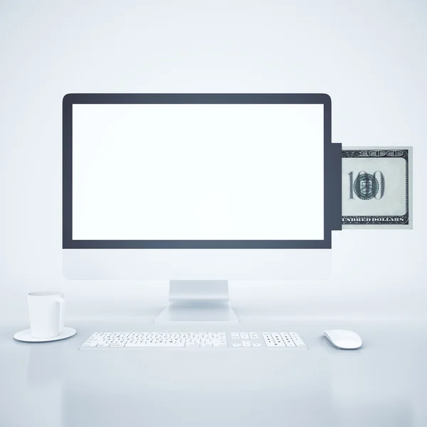 Online payment concept with dollar banknote entering blank white computer monitor on desktop with coffee cup, keyboard and mouse. Mock up, 3D Rendering — Stock Photo, Image