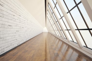 Koyu ahşap zemin, açık duvar, beton tavan ve panoramik pencere ile temiz koridor iç. 3d Rendering