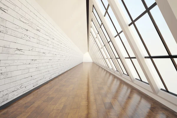 Interior do corredor limpo com piso de madeira escura, parede leve, teto de concreto e janela panorâmica. Renderização 3D — Fotografia de Stock