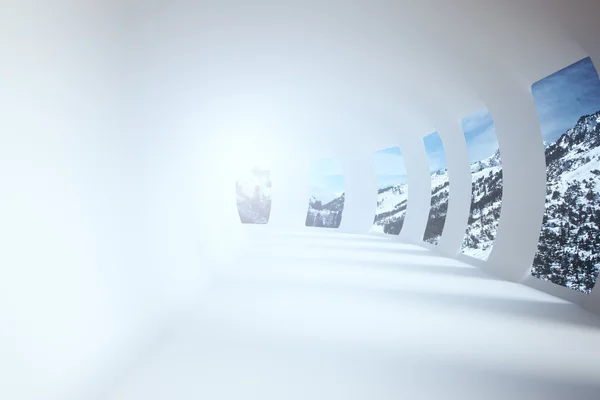 Белый туннель с солнечным светом и видом на снежные горы. 3D рендеринг — стоковое фото