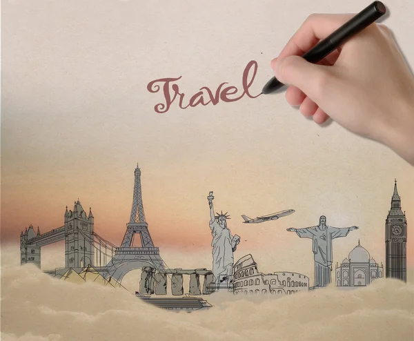 Traveling concept with hand writing travel word above sketch of landmarks on abstract sky background — Stock Photo, Image