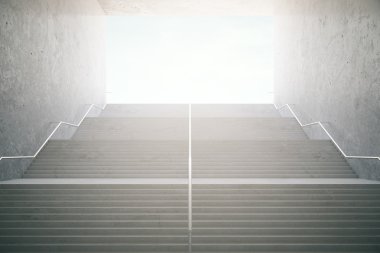 Parlak ışığa giden beton merdiven ile başarı kavramı. 3d Rendering