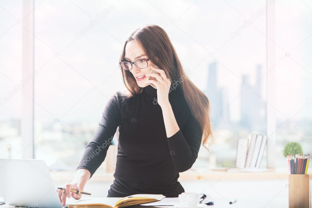 European girl working in office