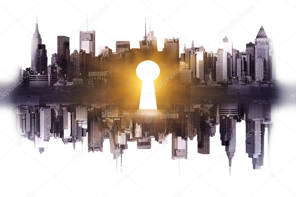 Abstract reflected city with shiny keyhole on light background. Accessibility concept