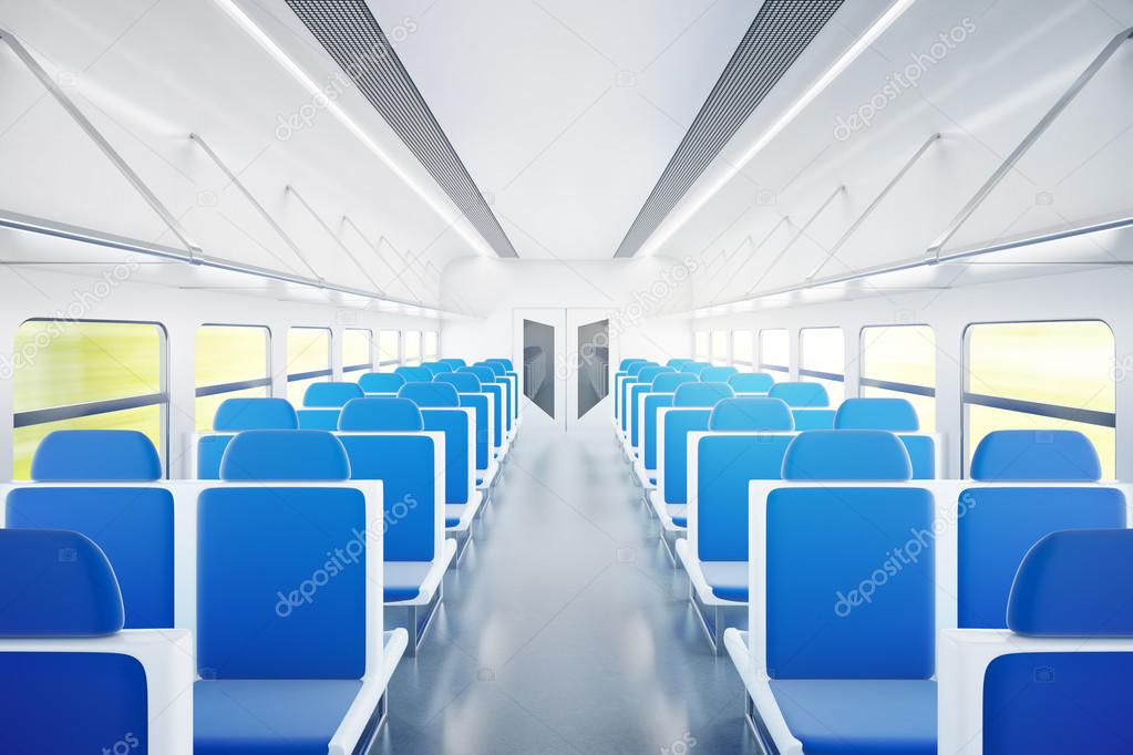 Train interior with blue chairs
