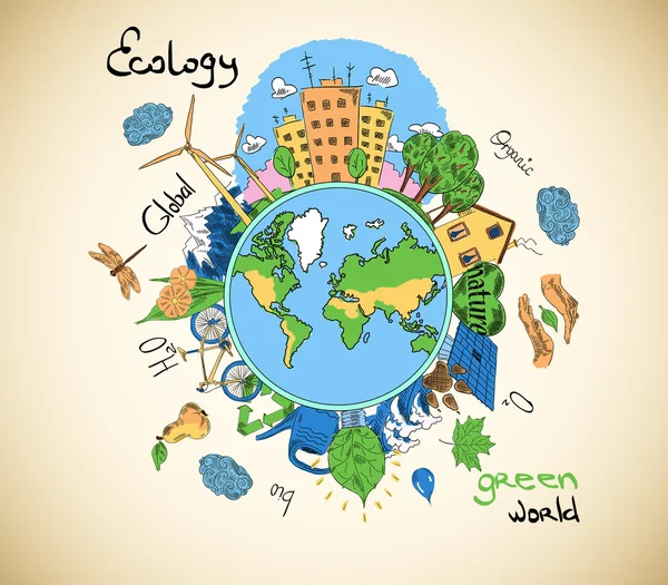 Creatief schetsen van Globe met natuurlijke gezonde lifestyle iconen op lichte achtergrond. Ecologie concept — Stockfoto