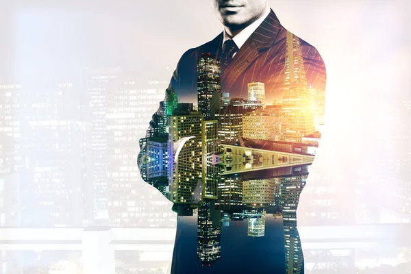 Man on city background multiexposure — Stock Photo, Image